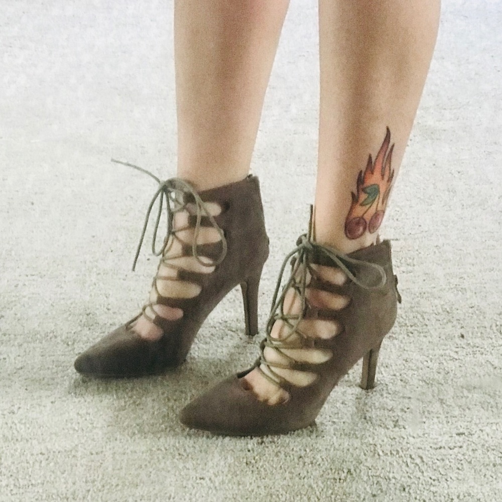 Tan suede lace up four inch heels